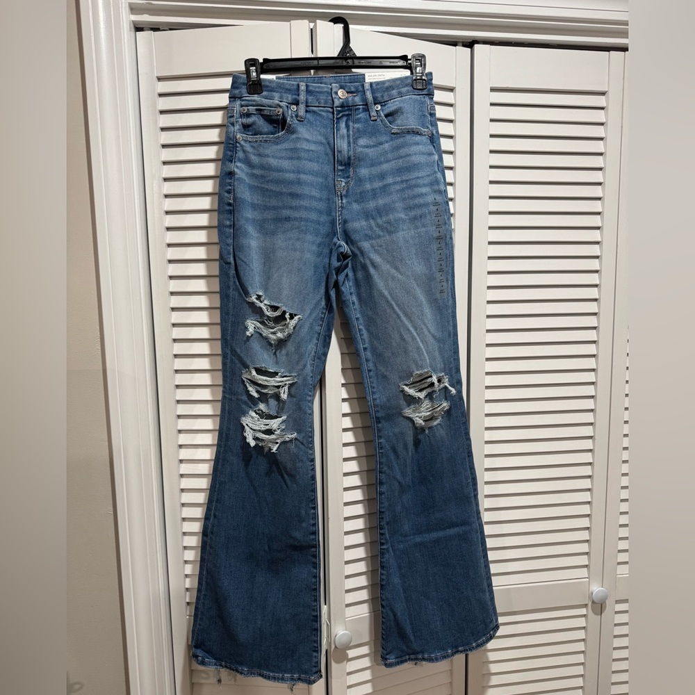 American Eagle Outfitters Distressed Flare Curvy Next Level Stretch Jeans Blue